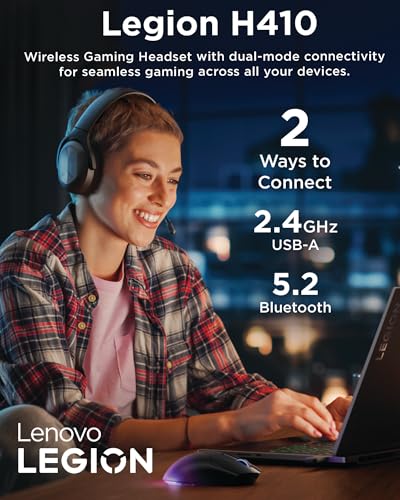 Lenovo Legion H410 Wireless Gaming Headset, Bluetooth or 2.4 GHz USB-A Connection, Lightweight (304 Grams), Adjustable Headband, Flip to Mute Mic, Black
