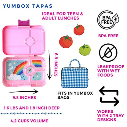 Yumbox Tapas Leakproof Bento Box, 4 Compartments, Capri Pink | Sandwich-Friendly | Large 4.2-Cup Capacity | Built-In Dip Well | Removable Compartment Tray | Ideal for Teens & Adults - color: Capri Pink Rainbow