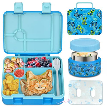 Bento Lunch Box Kids and 9oz Soup Thermos – 5.5-Cup Leakproof Kids Bento Box with Ice Pack & 9oz Insulated Food Jar – Hot & Cold Food Lunch Container for Boy Girl School, Blue Set - color: Blue Set