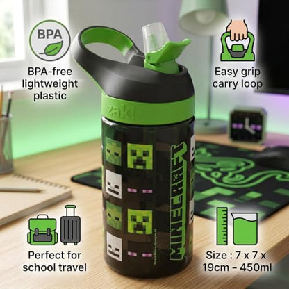 Minecraft Atlantic All Mob Heads Drinks Bottle | Eco Freindly BPA-free Plastic School Water Bottle with Removable straw, spills Proof | fan | Officially Merch 450ML