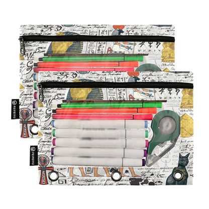 Retro Ancient Egypt Binder Pencil Pouch 3 Ring Clear Pouches with Zipper Pen Organizer for Office College School, 2 Pack - color: Multi-retro Ancient Egypt