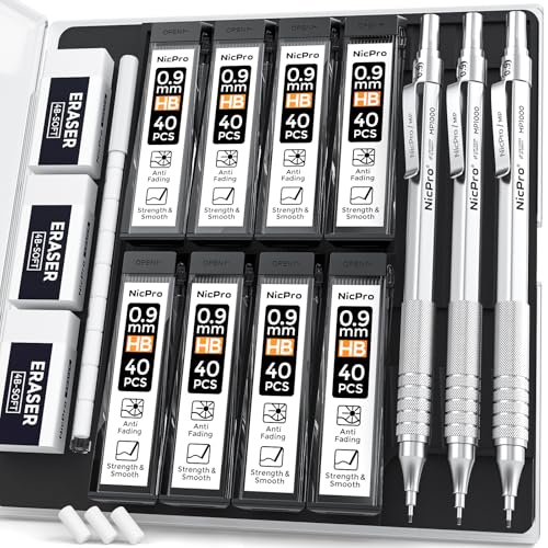 Nicpro 0.9 mm Metal Mechanical Pencil Set with Case, with 3PCS MP1000 0.9mm Drafting Pencil, 8 Tubes HB Lead Refills, 3PCS Eraser, Erasers Refills for Artist Writing, Drawing, Sketching, Silver - color: Silver, style: 0.9 MM