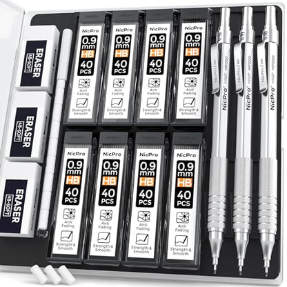Nicpro 0.9 mm Metal Mechanical Pencil Set with Case | 3PCS MP1000 0.9mm Drafting Pencil, 480PCS HB Lead Refills, 3PCS Eraser&Refills for Artist Writing, Drawing, Sketching, Silver - color: Silver, style: 0.9 MM