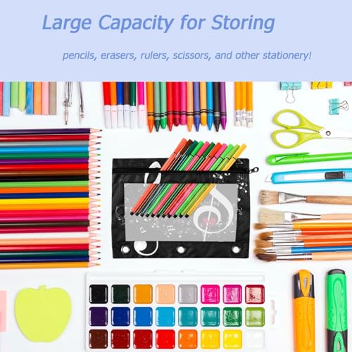 2 Pack Chic Treble Clef in Heart Notes Black 3 Ring Binder Pencil Pouch Bags,Clear Window Storage Case with Zipper for Boys Girls School Office Supplies Cosmetics Organizers