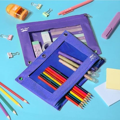 Mr. Pen- Pencil Pouch for 3 Ring Binder, 2 Pack, 10"x6.75", Smooth Zipper | Clear Window, Large Capacity Pencil Case with 3 Reinforced Grommets for School, Office, Supplies Storage | Clear Window, Large Capacity Pencil Case with 3 Reinforced Grommets for