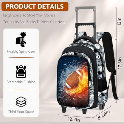 Boys Rolling Backpack for Kids - American Football Kids Rolling Backpack with Wheels for Elementary Middle School Students - Roller School Bookbag Aged 6-18, Wheeled Travel Bag Large Capacity - color: Football-001-backpack Only