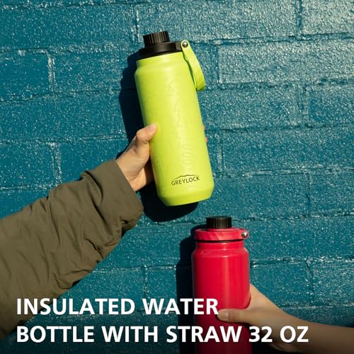 GREYLOCK 32 oz Insulated Water Bottle with Straw Lid, Leakproof Reusable Stainless Steel Vacuum Flask, 24hr Cold & Hot, Carry Handle & Silicone Spout, BPA-Free for Gym, Hiking, Travel,Green - color: Lemon Grove, size: 32 Ounces