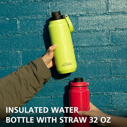 GREYLOCK 32 oz Insulated Water Bottle with Straw Lid, Leakproof Reusable Stainless Steel Vacuum Flask, 24hr Cold & Hot, Carry Handle & Silicone Spout, BPA-Free for Gym, Hiking, Travel,Green - color: Lemon Grove, size: 32 Ounces