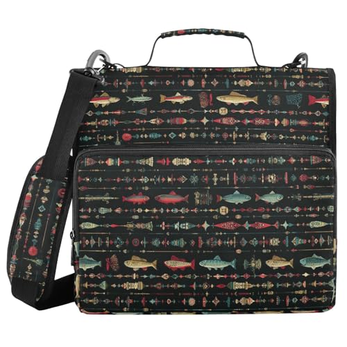 Vintage Fishing Pattern 3 D-Ring 2 inch Zipper Binder Bag with Shoulder Strap, Multi-Pocket Portfolio Organizer Case for 13 Inch Laptop Middle School - color: Vintage Fishing Pattern