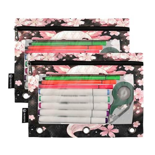 2 Pack Pencil Pouch for 3 Ring Binder Axolotl Cherry Blossom Pencil Case Pouch with Clear Window Zipper Binder Pencil Pouches Pen Bag for Office School Supplies - color: Axolotl Cherry Blossom