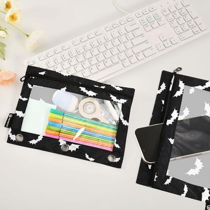 2 Pack 3 Ring Binder Pencil Pouch Halloween Bats Gothic Pencil Case Pencil Bags with Zipper, Clear PVC Binder Pockets for Office Daily Supplies - color: Color 12