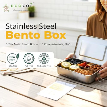 ecozoi 5 Compartment Stainless Steel Bento Lunch Box for Adults & Kids, 50 oz Leakproof Metal Meal Prep Container with Bonus Sauce Cup, BPA Free Eco Friendly, Dishwasher Safe for School, Work, Office - size: 5 Compartment 50 Oz