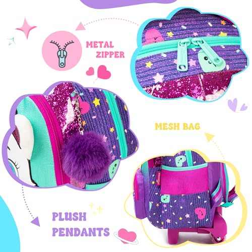 Rolling Backpack with Wheels for Girls Kids Cute Cat Rolling Backpack with Lunch Bag and Pencil Case Set Kids Travel Luggage for Elementary Girls Ages 5-12 - color: 01 Purple Cat