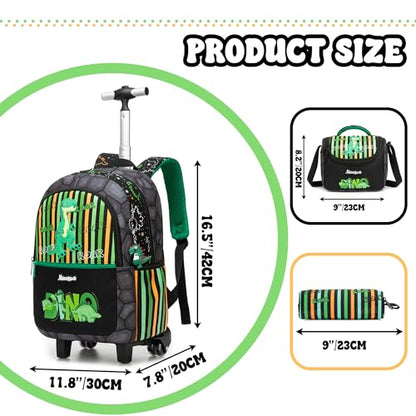 Kids Rolling Backpack for Boys 16.5" School Roller Backpack with Lunch Box, Toddler Backpacks with Wheels Rollig Wheeled Backpacks for Elementary School - color: Green Dinosaur