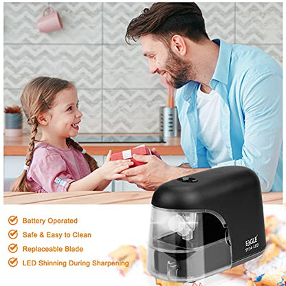 Eagle Electric Pencil Sharpener, Battery Powered Sharpener, LED Light Shinning During Sharpening, Portable, with Reusable and Replaceable Blade, Suitable for Kids, Ideal School Office Supplies (Black) - color: Black