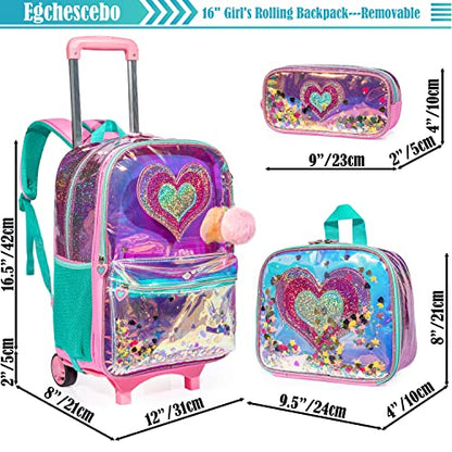 kids Rolling Kid Travel Toddler Duffle Bag Hearts Detachable Backpack for Girls Carry Luggage Roller Computer Suitcase with Pencil Case Lunch Box Wheels Wheeled Clear Backpacks Girls Pink - color: Pink-aixin