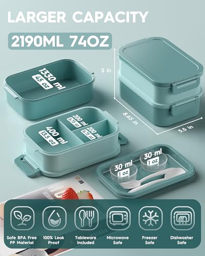 KEMETHY Adults Bento Lunch Box Set with Thermo Bag, 74oz Stackable Leak-proof 3-tiers Bento Box, Built-in Utensil and Sauce Container for Work, School, Dining Out (Green) - color: Lake Green