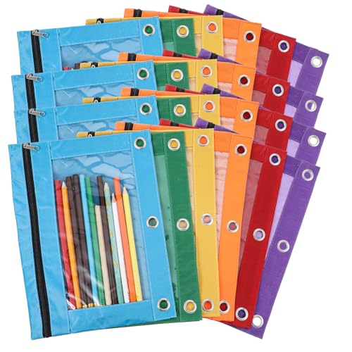24 Pack Pencil Pouch for 3-Rings Binder, 3-Holes Zipper Pencil Pouches in Assorted Colors, Sturdy and Resuable Cloth Holder with Clear Window for Office Supplies
