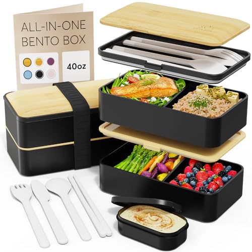 Umami Bento Box Adult, Leakproof, All-in-1 Lunch Containers for Adults | 40 oz, microwave & dishwasher safe, 4 utensils & sauce jar included, stackable, BPA-free, Black & Bamboo - color: Black & Bamboo, size: M - 40 oz