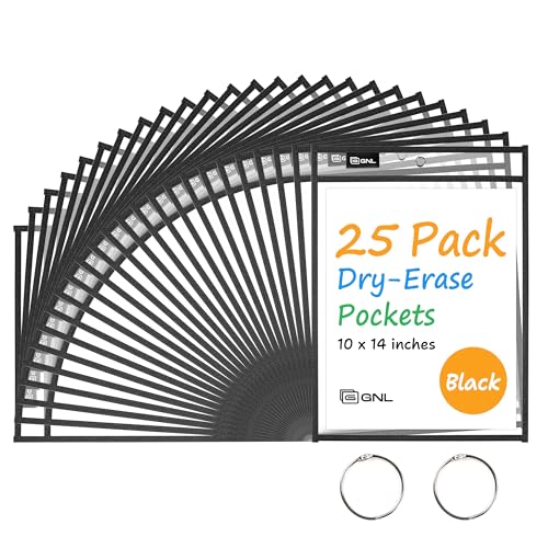 GNL Dry Erase Pocket Sleeves 25 Packs, Reusable Clear Plastic Ticket Holders with Rings, Durable & Easy-to-Erase Sheet Protectors, Black 10x14 Inch for Classroom & School Teacher Supplies - color: Black, size: 25 Packs