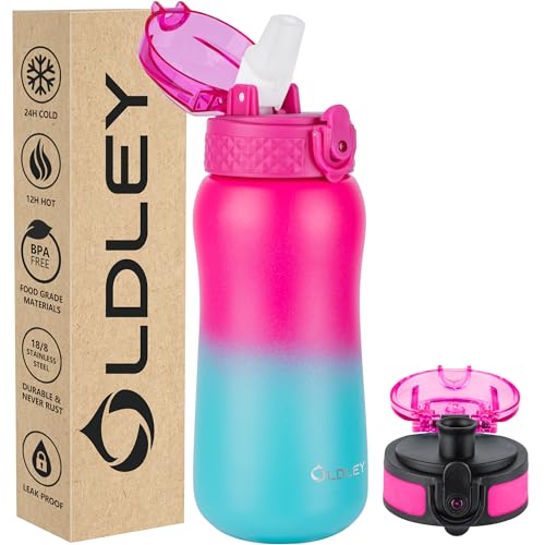 Oldley Insulated Water Bottle 12oz Kids Water Bottles with Straw, Stainless Steel Water Bottle with 2 Lids,Double Wall Vacuum Bottle, Leak-Proof Sports Bottles for School Travel, Rose Red-Green - color: Rose Red-Green, size: 12 Ounces