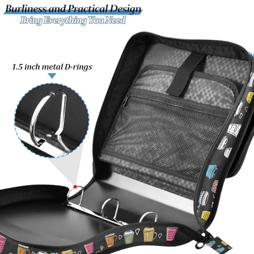 Colorful Coffee Cups Heart Zipper Binder 3-Ring Binder Bag with Shoulder Strap, 500-Sheet Capacity, Multi-Pocket