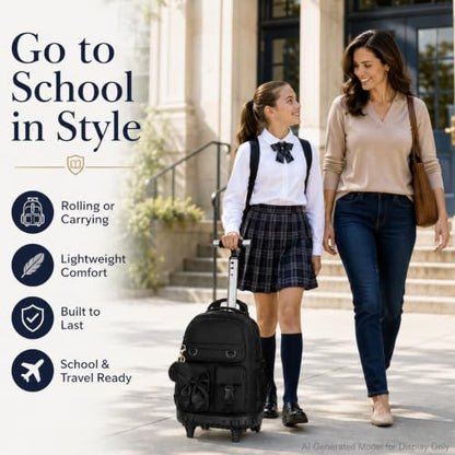HPJGD 3PCS Girls Backpack with Wheels, Black Bow Tie Roller School Backpacks, Water-Resistant Rolling Wheeled Bookbag Set - color: Black Bowknot Rolling Backpack Set