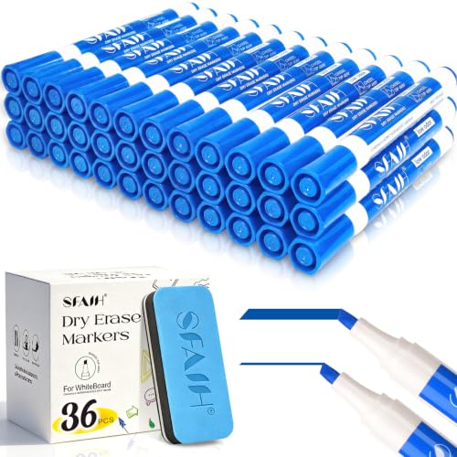 SFAIH Dry Erase Markers Chisel Tip with Magnetic Whiteboard Eraser, 36 Bulk Blue White Board Markers for Teachers, Versatile Lines, 1s Quickly Dry, Essential Supplies for Office Teacher - color: Blue