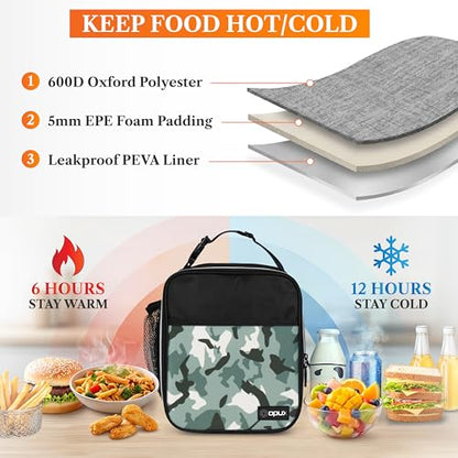 opux Insulated Lunch Bag for Kids Boys Girls, Small Compact Lunch Box with Wide Opening & Mesh Pockets, Reusable Lunch Pail for School, Work, Adults, Men, Women, Camo Green - color: Green Camo