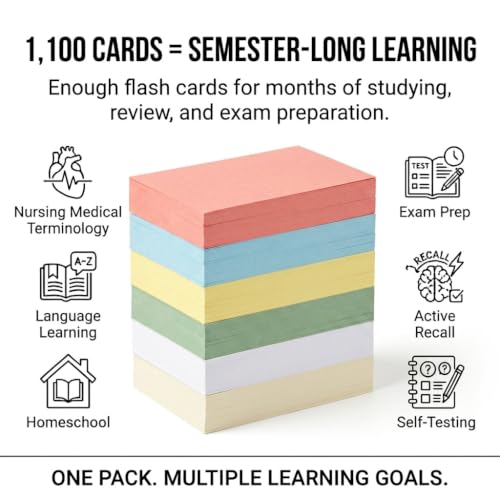 Blank Flash Cards 1100 5 Colors + White Unpunched 2x3.5 USA Made | For active recall, vocabulary, homeschooling, language learning, exam prep, and spaced repetition. - style: Multi-Color Unpunched