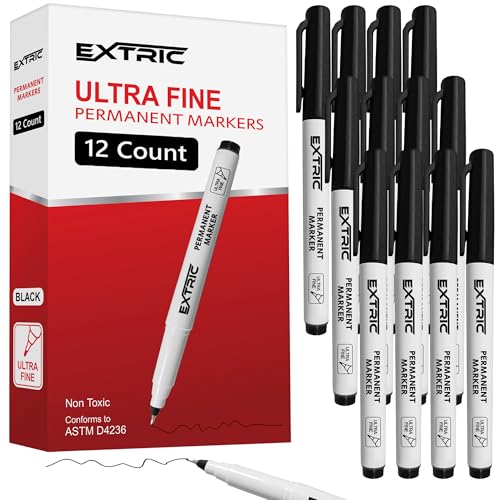 EXTRIC Permanent Markers Ultra Fine Tip, Black, 12 Pack, Quick Drying, Waterproof, Fade Resistant Artist Markers for Wood, Plastic, Metal, Paper & More, Fine Line Drawing, Coloring - color: Black