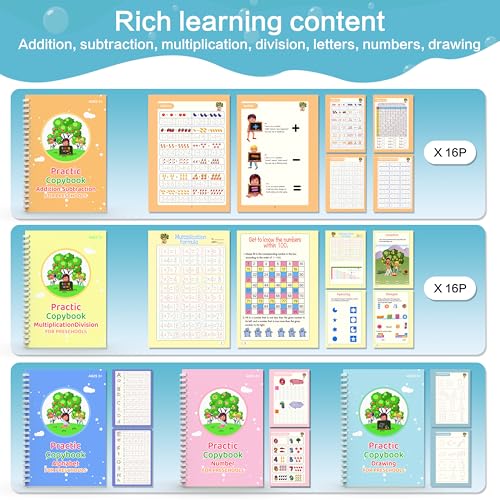 WANFRES Magic grooved Writing Practice Books Great for Beginners, 5 Books, 2 pens, 2 Pencil Grips, 20 Refills. grooved Handwriting Practice for Kids 3-10, Reusable grooved Handwriting workbooks. - color: 5 books with pen