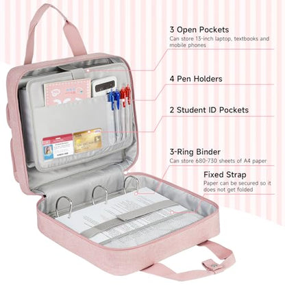 Zipper Binder 3 Ring, 700 Sheets Capacity, Binder 3 Inch with Shoulder Strap Fits 13 Inch Laptop for School and Office,Pink - color: Pink