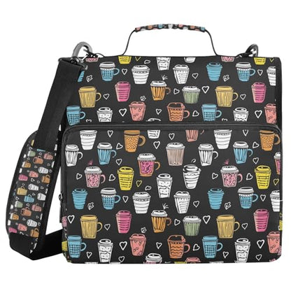 Colorful Coffee Cups Heart Zipper Binder 3-Ring Binder Bag with Shoulder Strap, 500-Sheet Capacity, Multi-Pocket