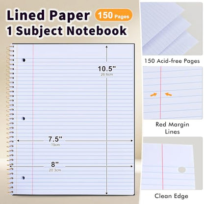 Spiral Notebook College Ruled Paper 8" x 10-1/2", 1 Subject Spiral Notebook 80GSM Paper, 3-Hole Punched Perforated Pages Ideal for School, Office, Writing, 75 Sheets Lined Journaling Notebook, Black - color: Black