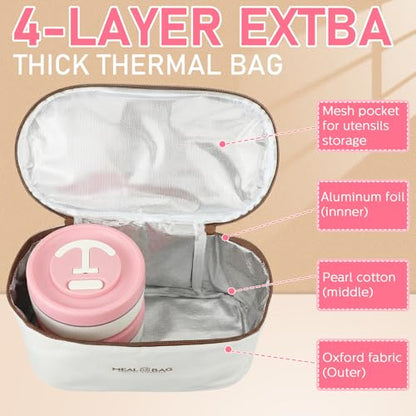 Dandat 4 Pcs Insulated Lunch Container, Portable Bento Box, Stainless Steel Lunch Box, Round Stackable Leakproof Thermal Food Container for Adult Men Women with Insulated Bag, 74 oz(Pink) - color: Pink