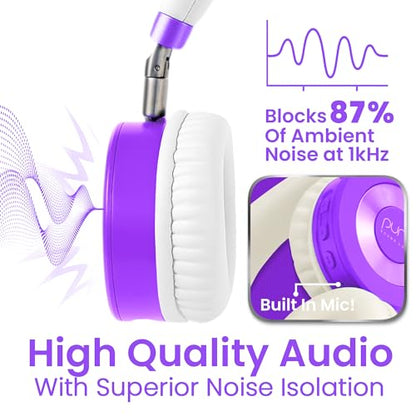Puro Sound Labs JuniorJam Plus Volume-Limiting Wireless Bluetooth Headphones for Kids, Secure Audio with Adjustable On-Ear Design, 22-Hour Battery Life, Ideal for Tablets, Smartphones & PCs - Purple - color: Purple
