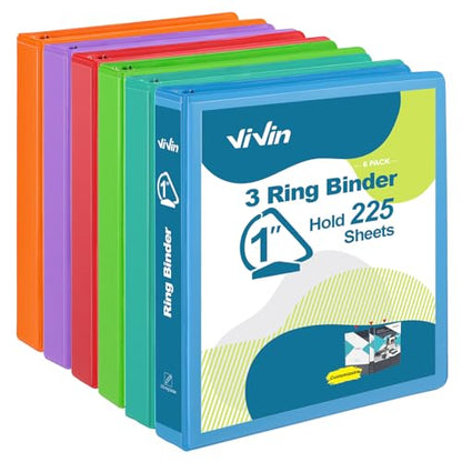 ViVin 내구성이 뛰어난 2.5cm(1인치) D 링 바인더, 포켓 2개가 있는 링 바인더 3개, 미국 레터 사이즈 용지 225장 보관 - 6팩 (모듬) - color: 모음, size: 1인치