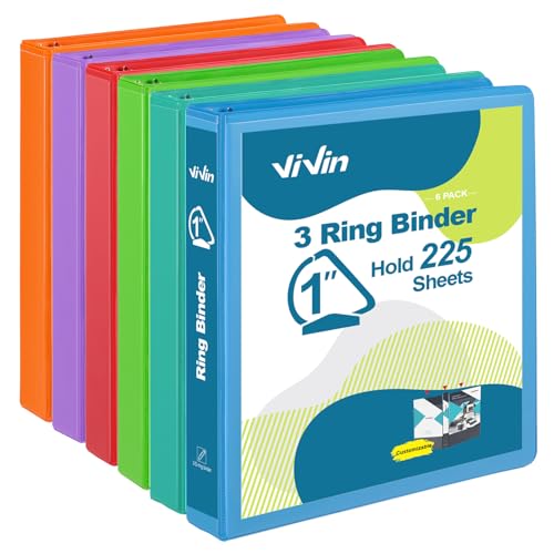 ViVin 내구성이 뛰어난 2.5cm(1인치) D 링 바인더, 포켓 2개가 있는 링 바인더 3개, 미국 레터 사이즈 용지 225장 보관 - 6팩 (모듬) - color: 모음, size: 1인치