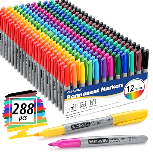 WOSWEL Permanent Markers Bulk, 288 Pack Permanent Marker Set, 12 Assorted Colors, Fine Point Tip, Fast Dry, Waterproof, work on Plastic, Glass, Metal, Wood and Stone, Perfect for School, Office, Home