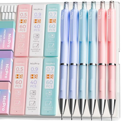 Nicpro 6PCS Pastel Mechanical Pencil Set, Cute Mechanical Pencils 0.5 mm & 0.7 mm & 0.9 mm with 360PCS HB Lead Refills, Eraser, Eraser Refill for Student Writing Drawing Sketching Drafting with Case - style: 6 Pack (0.5mm+0.7mm+0.9mm)