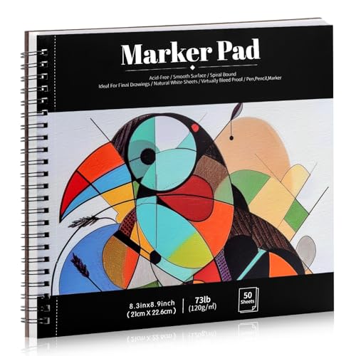 50 Sheets Marker Paper Pad, 8.3×8.9 Inch Bleedproof Art Sketch Pad, 73lb/120gsm Drawing Paper Spiral Sketch Book, Painting Coloring Alcohol Marker Paper for Beginners, Artists, Ideal Gift - size: 8.3×8.9 inch (50 Sheets )