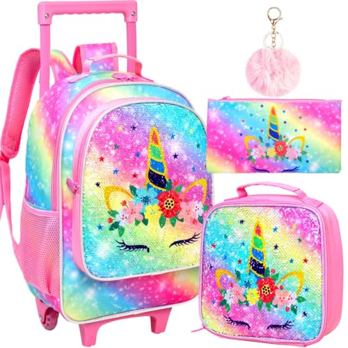 CCJPX 3PCS Kids Rolling Backpack for Girls, Unicorn Sequin Roller Wheeled Bookbag Toddler Elementary School Bag with Wheels - color: Unicorn Rainbow