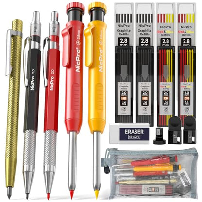 Nicpro 18 Pack Carpenter Pencil Set with Sharpener, Mechanical Carpenter Pencils with 76 Refills and Carbide Scribe Tool, Deep Hole Marker, Heavy Duty Construction Pencil for Architect-With Case - style: Set 2