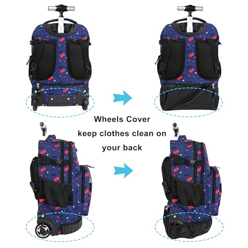 Tilami Rolling Backpack, 18 inch Shoulder Drop, Concealed Pockets and Wheel Cover, Laptop Backpack for Boys and Girls, Cherry Blue - color: Cherry Blue
