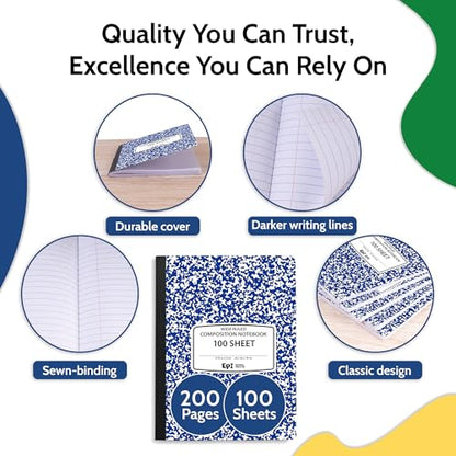 48 Pack - EPI Wide Ruled Marble Composition Notebook - Blue 200 Page Note Book - 9.75 x 7.5 Inch Hardcover Journal with Sewn Binding for Secure Pages - Classroom Back to School Supplies - color: Blue, size: 48