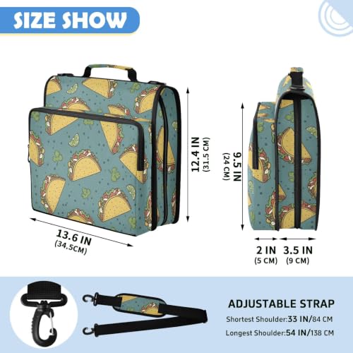 Mexican Tacos Zipper Binder Bag 2 Inch Binder Organizer for School Office | Large Capacity School Binders for Girls Boys Women Kids Men, Multi-Pocket Organizer Case with Strap for Students