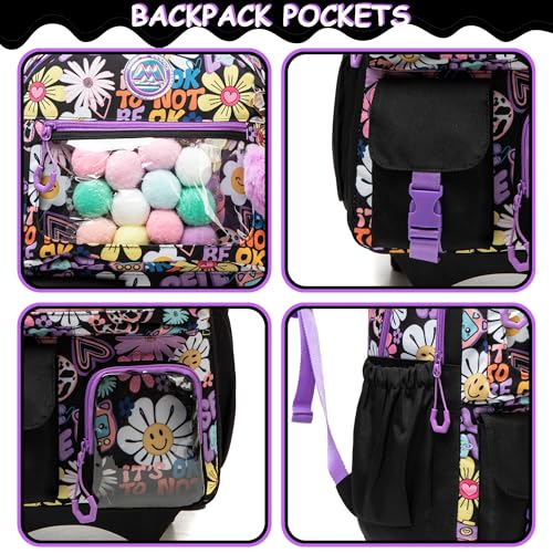 Cute Rolling Backpacks with Wheels for Girls Aesthetic Rolling Backpack for Elementary with Lunch Box School Trolley Backpack for Girls School Supplies - color: Black Flower