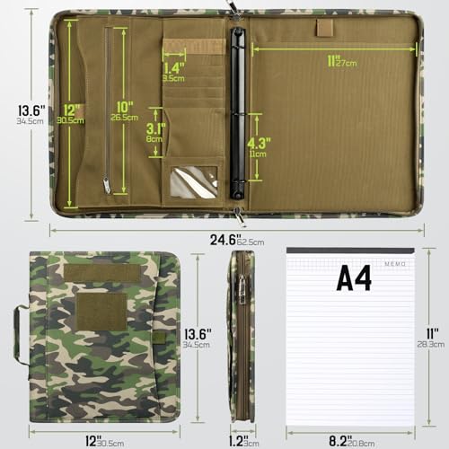 Livans Portfolio Padfolio Binder Detachable 3-Ring Planner, Zip Tactical Notebook Cover with A4 Letter Paper, Multi-Pocket Carry Bag for Gift, Out-Work, Travels, Office & School | Zip Notebook Cover, Handle Art Portfolio Bag, 25 Sheets A4 Letter Paper, 1“
