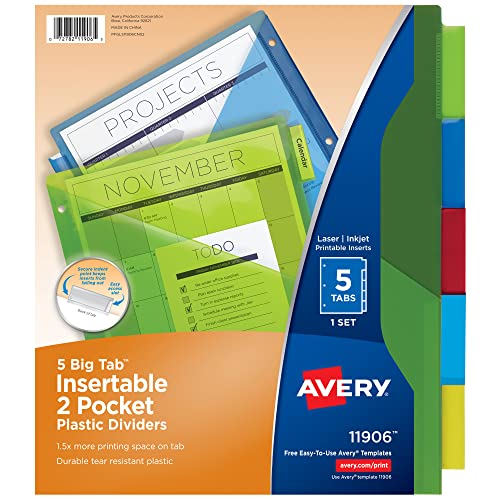 Avery Dividers for 3 Ring Binders, 5-Tab Sets, Two-Pocket Plastic Binder Dividers with Tabs, Multicolor, 1 Set (11906)